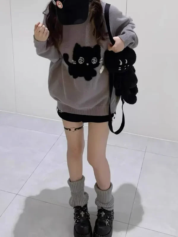 Deeptown Kawaii Gray Women Sweaters Japanese Preppy Style Knitted Pullovers Cutecore Oversized Jumpers Sweet Harajuku Soft Girl - Image 4