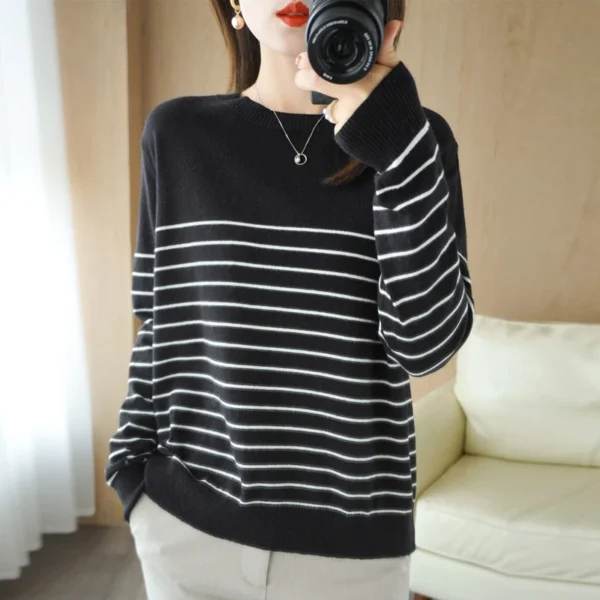 100% Cotton Knitted Sweater Women's Sweater Striped Color Matching Round Neck Large Size Loose Temperament Long Sleeve Bottoming - Image 4