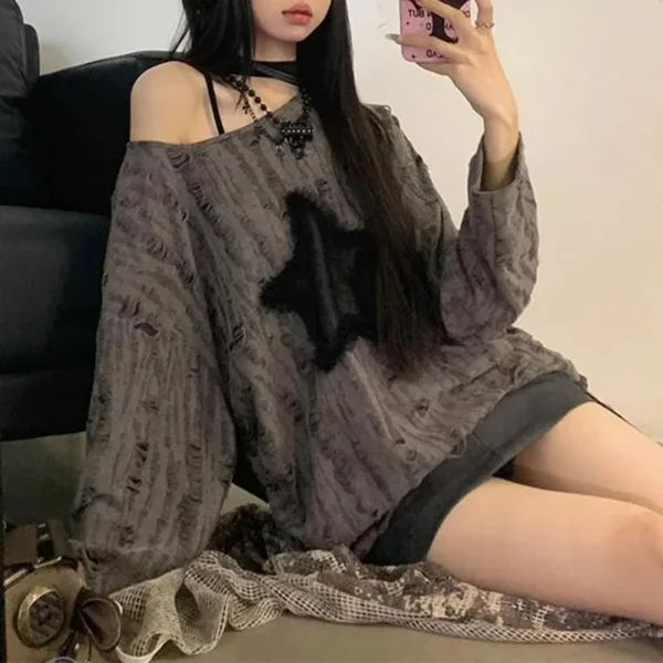 Y2K Hole Star Print T-Shirt Women Fashion Streetwear Off Shoulder Tops Summer Oversized Kpop Long Sleeve Loose Tees Ladies New - Image 3