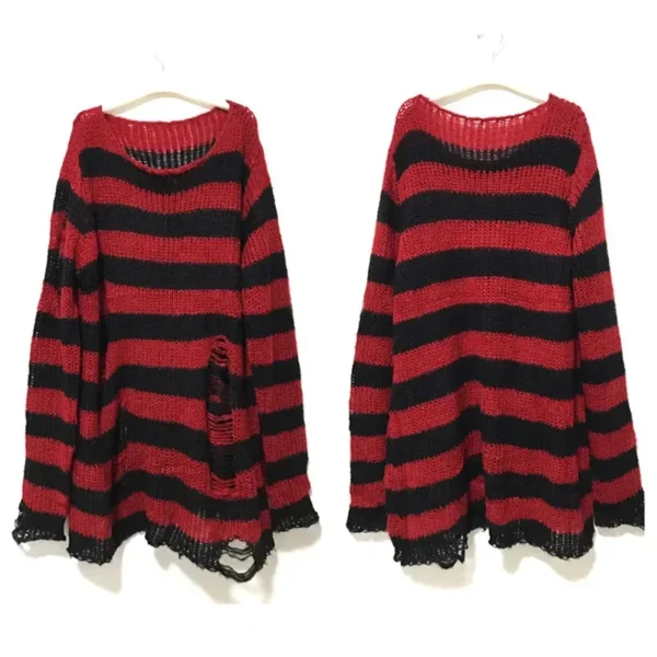 Punk Gothic Long Unisex Sweater Summer Women Striped Cool Hollow Out Hole Broken Jumper Loose Rock Thin Dark Streetwear Top - Image 2