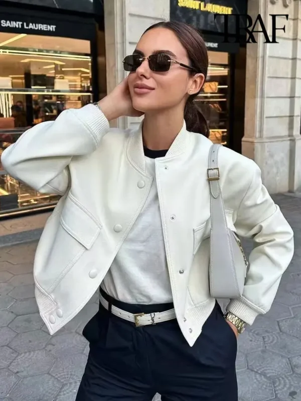 TRAF Women Fashion With Pockets Bomber Jacket Coats Vintage Long Sleeve Front Button Casual Female Outerwear Chic Tops - Image 2