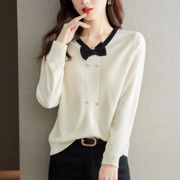 Women Autumn Winter Korean Slim Bow Solid Color Women Clothes Trend O-neck Long Sleeve Sweater Pullover Long Sleeve Sweatertops