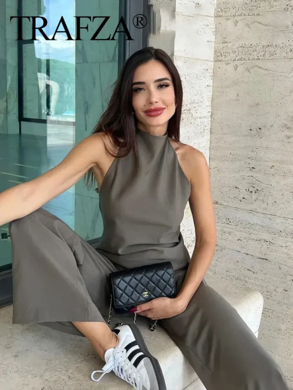 TRAFZA Women Vintage Solid Pant Sets Sexy Backless Halter Camis Top Asymmetric Tank Top + Drawstring Trousers Fashion Streetwear - Image 5
