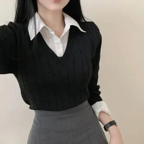 Korean Chic Spring and Autumn Age-Reducing Sweaters Retro Temperament Preppy Fake Two Pieces Shirts Twist Knit Women's Y2k Tops - Image 3