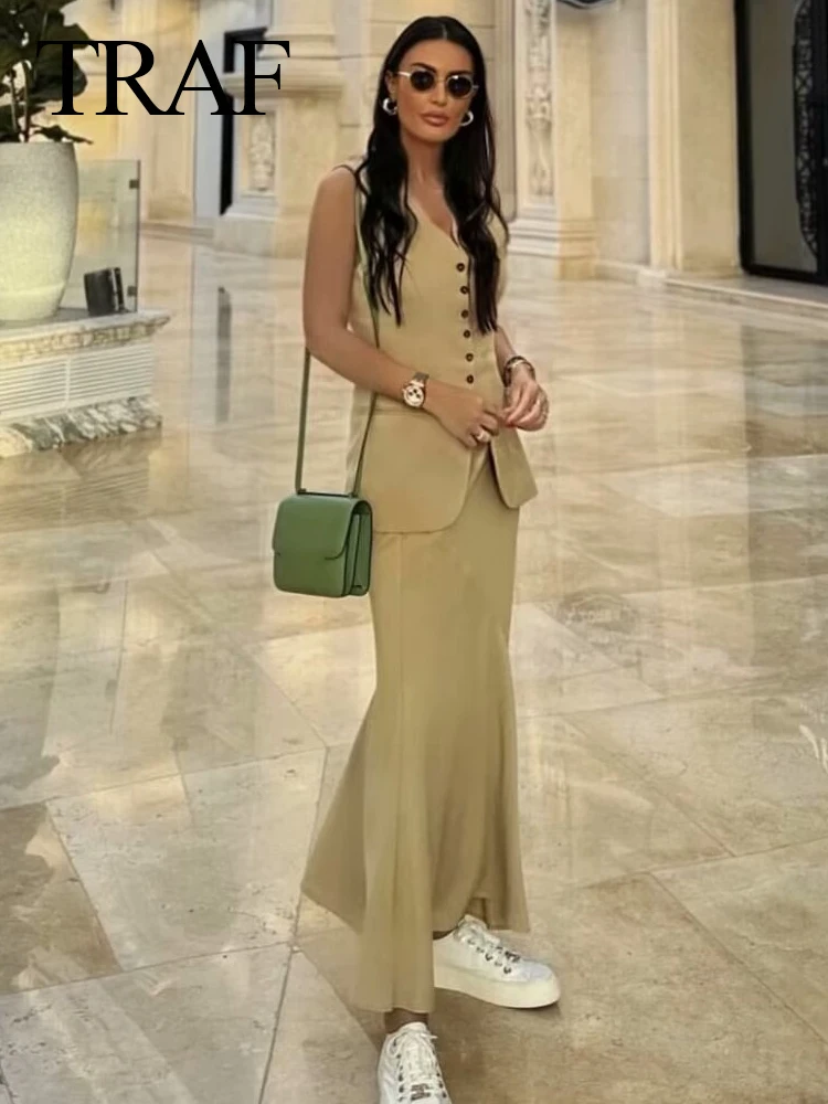 TRAFZA Women Vest Skirt Sets Female Khaki Long Blazer Vest V Neck Sleeveless Slim Top+Elegant High Waist A Line Skirt Suit TRAF - Image 3