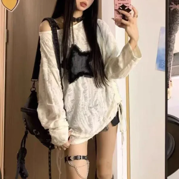 Y2K Hole Star Print T-Shirt Women Fashion Streetwear Off Shoulder Tops Summer Oversized Kpop Long Sleeve Loose Tees Ladies New - Image 4