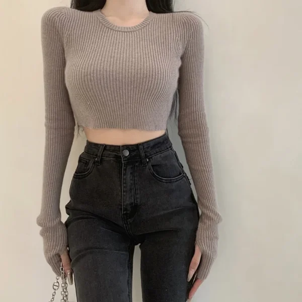 Women's Sweater Base Sweater Versatile Round Neck Knit Sweater Slim Fitting Short Top Sweater - Image 5