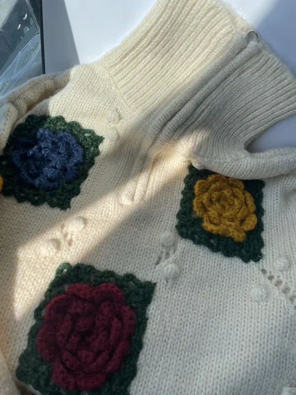 Women Vintage Flower Crochet High Neck Long Sweater 2024 Fall Winter Loose Jumper Cozy Sweater Retro Outfit - Image 6