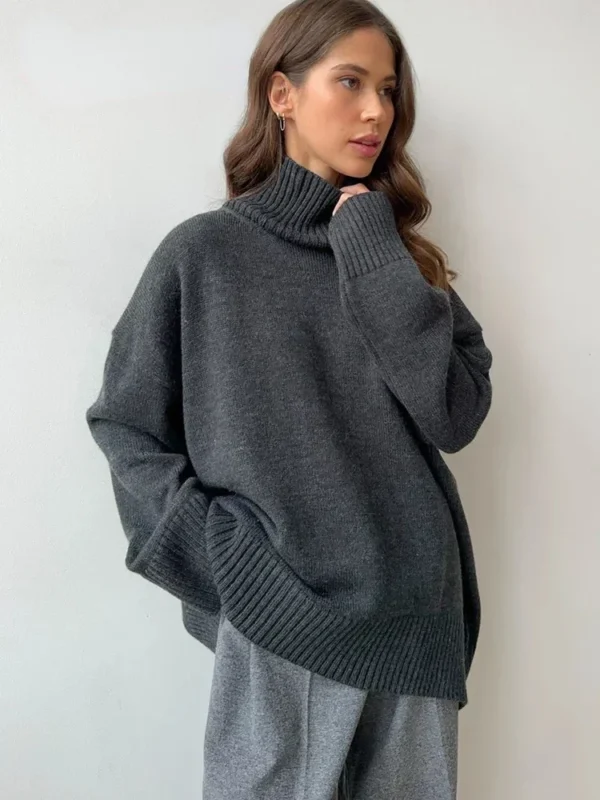 2024 New Autumn Winter Women Knitted Red Sweater High Street Vintage Oversized Loose High Collar Pullover Warm Jumper Sweaters - Image 5