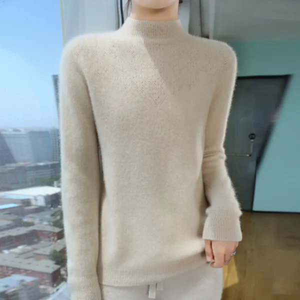 Autumn and winter new semi high neck women's sweater, wool knit sweater, loose and slimming, warm and hollow out design anti pil - Image 5