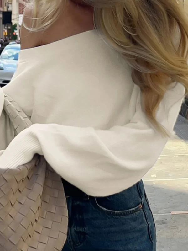 Solid Off-Shoulder Sweater Loose Slash Neck Long Sleeve Knitted Pullovers Women Autumn Winter Fashion Casual Lady - Image 3