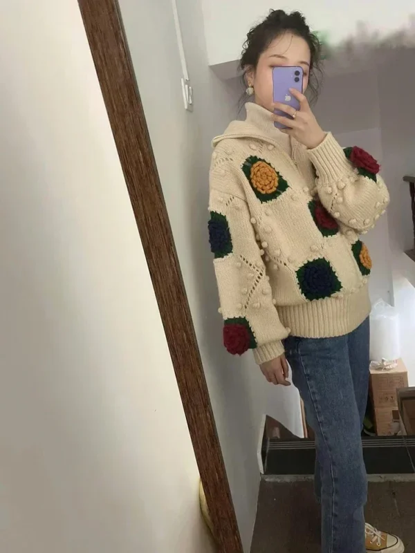 Women Vintage Flower Crochet High Neck Long Sweater 2024 Fall Winter Loose Jumper Cozy Sweater Retro Outfit - Image 3