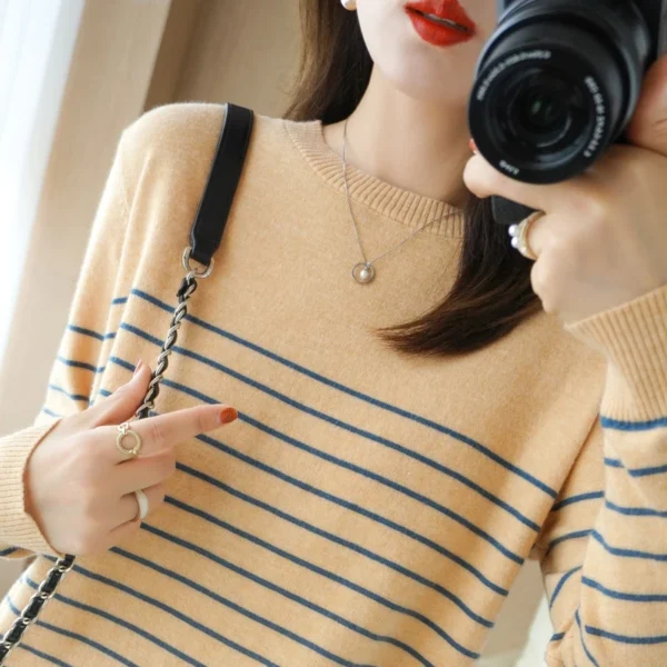 100% Cotton Knitted Sweater Women's Sweater Striped Color Matching Round Neck Large Size Loose Temperament Long Sleeve Bottoming - Image 2