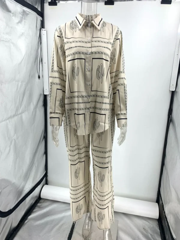 Printed Shirts Two Piece Set Women Long Sleeve Lapel Shirts High Waist Wide Leg Pants Suit For Women Home Wear Outfits Clothing - Image 5