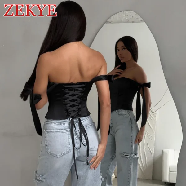 Yaminiya Streetwear Bandage Corset Top Women Elegant Solid Satin Kawaii Backless Zipper Slim Crop Top Fashion Summer Clothes - Image 6
