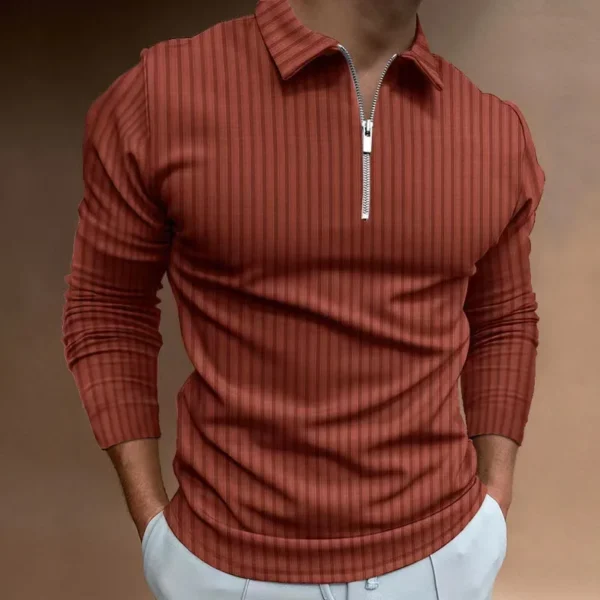 2024 New Men's Autumn And Winter Solid Color Lapel Leisure Sports Polo Shirt Zipper Striped Long Sleeve High Elasticity - Image 2