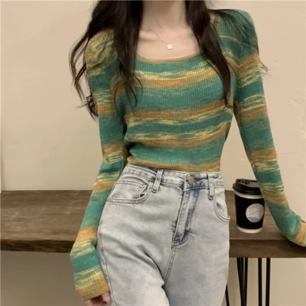 Korean Series Square Collar Knitted Top Women Y2k Clothes 2024 Early Autumn New Gyaru Slim Fit Inner Wear Sleeve Bottoming Shirt - Image 4