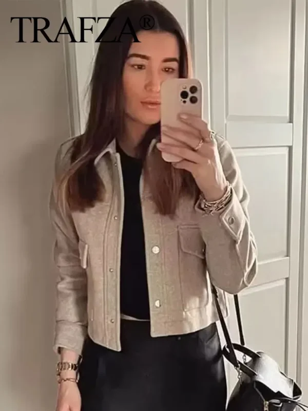 TRAFZA Jackets For Womens Autumn Fashion Solid Front Pockets Button Long Sleeve Jacket Elegant Woman Casual Outerwear Coat - Image 3