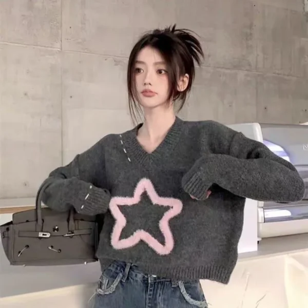 V-neck Loose Solid Color Knitwear Women Autumn Winter Fashion Office Lady Long Sleeve Sweater Casual All-match Knitting Tops