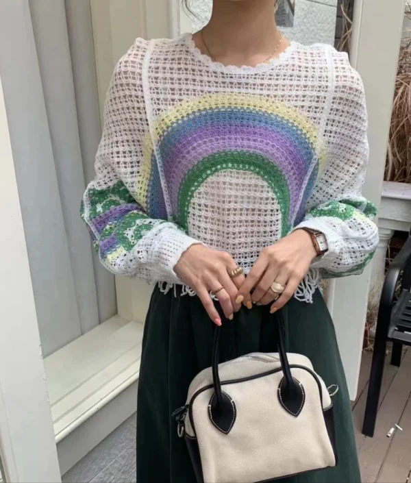 Embroidery Rainbow Crochet Top Sheer Openwork Pullover Batwing Sleeve Cover Up for Women Spring Summer Fairycore Outfit - Image 2
