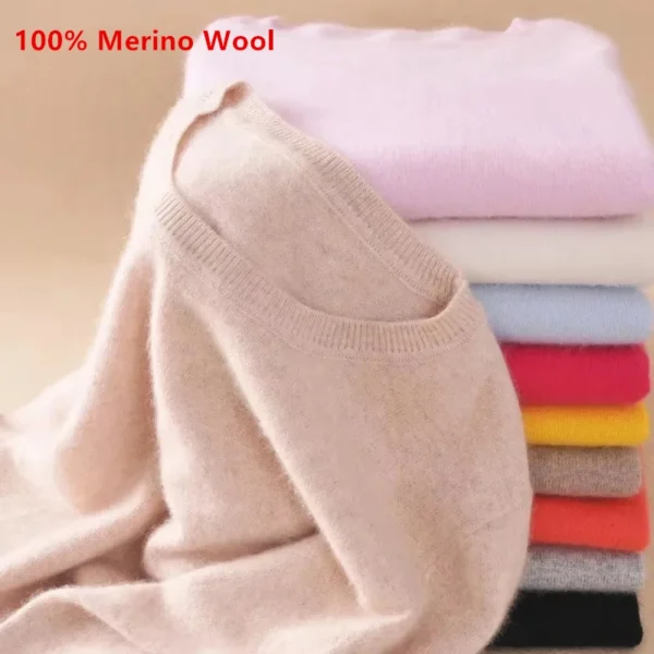 Premium 100% Merino Wool Knitted Sweater Women 2024 Autumn Winter Lightweight Warm Jumper Classic O-neck Long Sleeve Pullovers