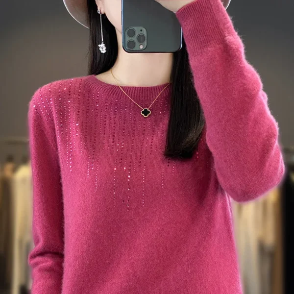 Women's Pullover Sweater 2024 Autumn/Winter Pure Wool Knitwear Loose Long sleeved Hot Diamond Fashion Warm Cashmere Top Slim Fit - Image 4
