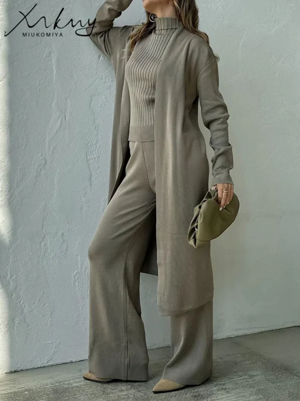 Spring 3 Pieces Set Outfits Women Knitted Suits Pants Sets Khaki Turtleneck Vest Long Cardigans Loose 3 Pieces Suit For Women - Image 5