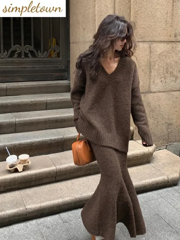 Lazy Style Sweater Set Skirt for Women's Autumn and Winter V-neck Pullover Knitted Sweater Top Half Skirt Fashion Two-piece Set
