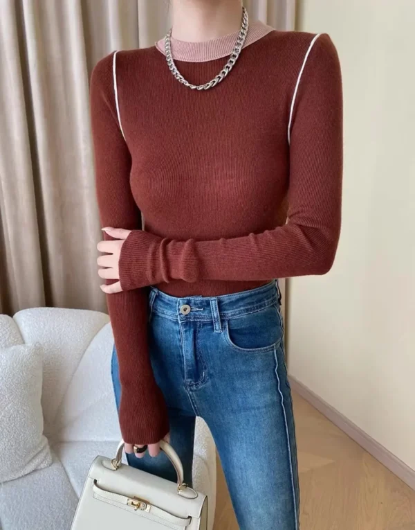 Women's Supple Color Blocking Base Layer Top Round Neck Knit Sweater High-End Feel Long Sleeves O Neck Pullovers - Image 4