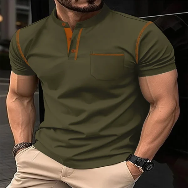 Summer Men's Fashion Outdoor Sports Casual Style Solid Color Stand Collar Patchwork Pocket Design Loose Short Sleeve POLO Shirt