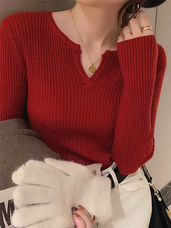 2024 Autumn Winter Women Sweater Solid Rib Knit V Neck Stripe Pull Femme Y2k Long Sleeve Pullover Jersey Tops Fashion Clothes - Image 4