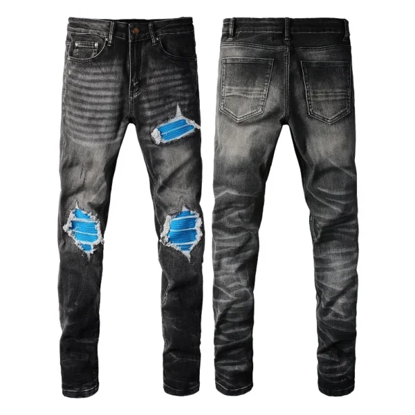 High Street Fashion Men's Jeans Vintage Elastic Tight Split Jeans Men's Blue Hole Red Patch Designer Hip Hop Brand Pants Homer - Image 4