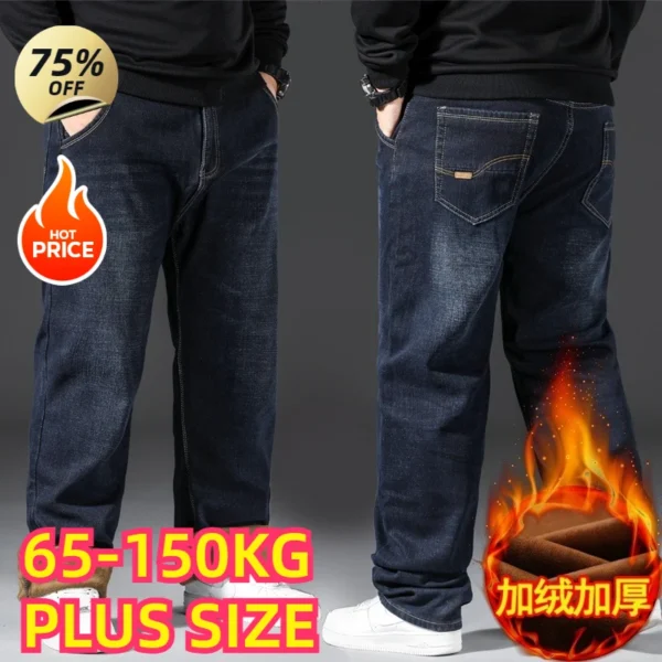 Plus Size Denim Jeans Men Thick Autumn and Winter Fleece Pants Loose Straight High Quality Casual Elastic Warm Fashion Trousers