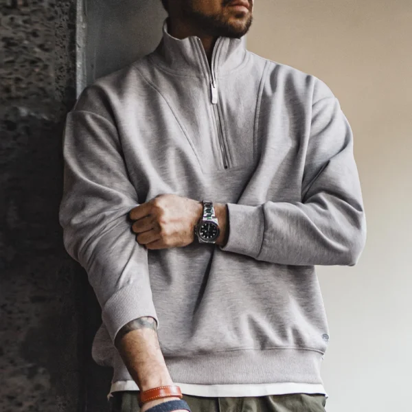 Maden Men's Spring and Autumn Casual Gray Pullover Sweatshirt Patchwork Standing Collar Sweatshirts Metal Zipper Top Clothing - Image 4
