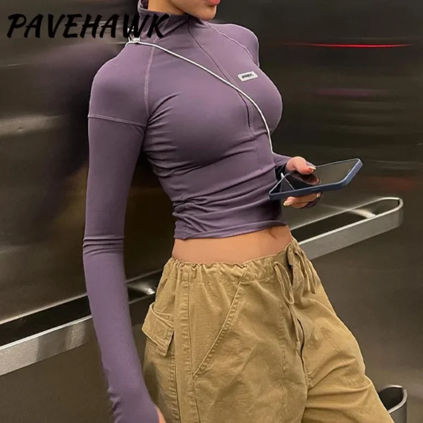 Women Y2K Tops Zipper Long Sleeve Causal Basic Skinny T Shirt Streetwear Solid Pullovers Harajuku Crop Tops Female Clothes - Image 2