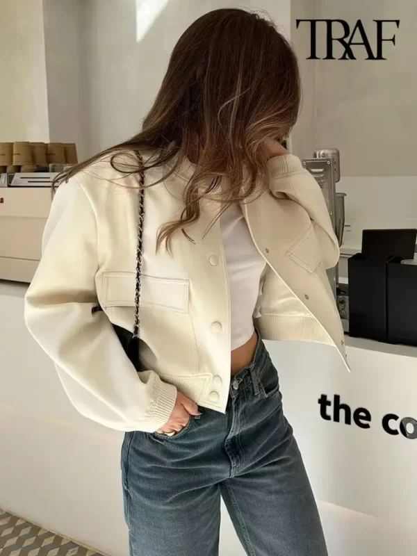 TRAF Women Fashion With Pockets Bomber Jacket Coats Vintage Long Sleeve Front Button Casual Female Outerwear Chic Tops - Image 5