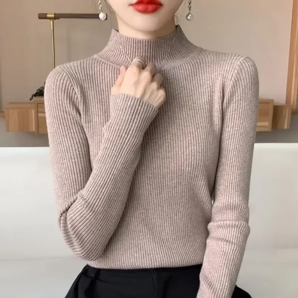 2025 New Spring and Autumn Women's Knitted Sweater, Slim Fit Half High Neck Pullover Sweater, Slim Fit Warm Bottom Sweater - Image 2