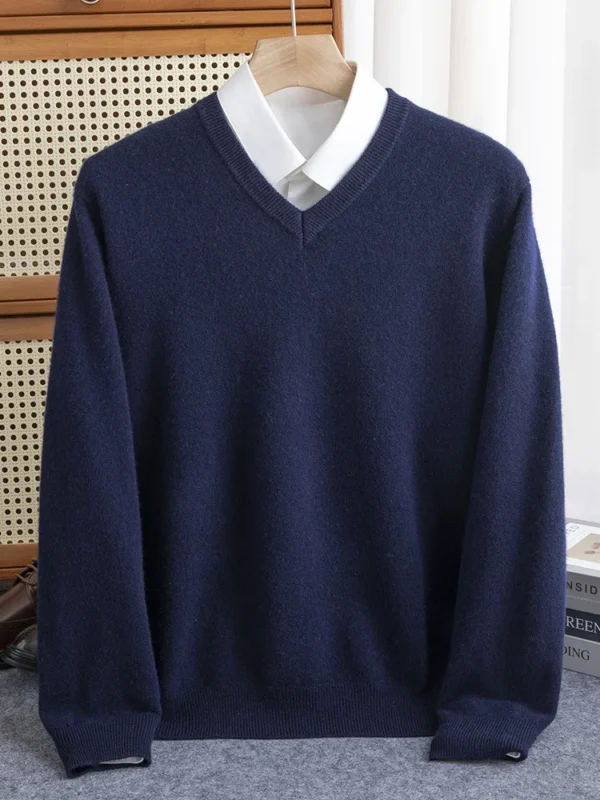 Men 100% Merino Wool Sweater V-Neck Pullover Autumn Winter Cashmere Warm Solid Knitwear Clothes Business Bottoming Soft Tops - Image 2