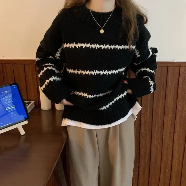 Vintage Japanese Style Loose Fit Sweater Women's Thickened Autumn/Winter New Long Sleeve Striped Half Polo/Turtle Neck Knitted T - Image 5