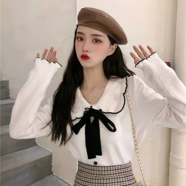New College-style Loose and Versatile Bow-knot Design with Fungus Edge Doll Collar Long-sleeved Knitted Top - Image 2