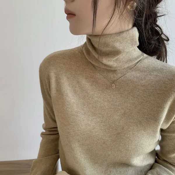 New Elegant Turtleneck Sweater Women Korean Old Money Style Slim Solid Color Jumper Autumn Winter Casual Knitwear Tops 2024