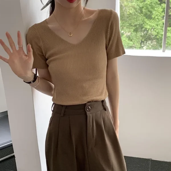 2024 Basic V-neck Solid Thin Summer Women Pullover Female Knitted Ribbed Sweater Slim Short Sleeve Bodycon Sweater - Image 2