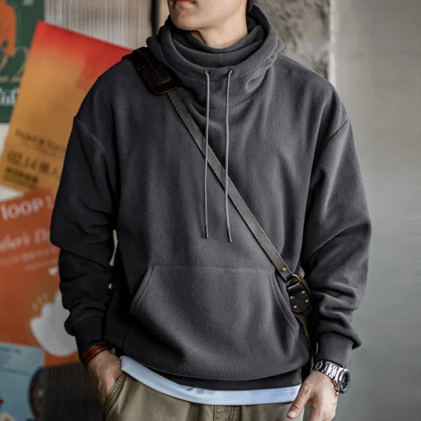 Maden Casual Polar Fleece Hooded Sweatshirt Solid Color Windproof Pullover with Face Mask Warm Tops for Men's Fall and Winter - Image 2