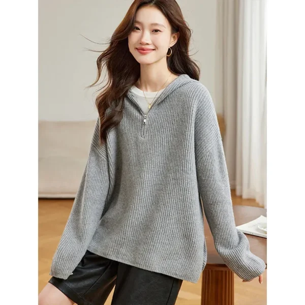Women's Clothing Casual Loose Zipper Hooded Sweaters Autumn Winter Solid Soft Wool Knitted Pullovers Commute High Quality Tops