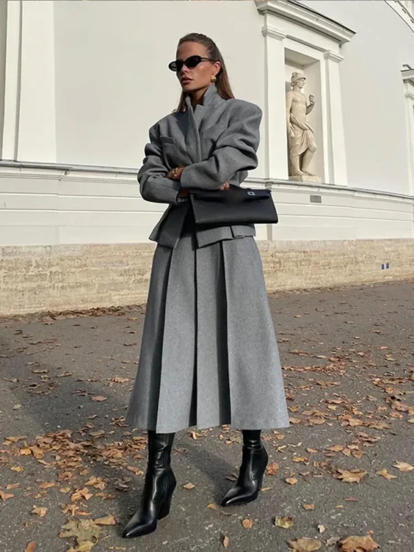 Women Fashion Solid Woolen Skirt Suits Elegant Stand Collar Full Sleeve Coat Loose Pleated Long Skirts Set Fall Chic Lady Outfit