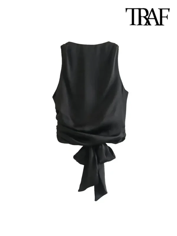 TRAF Women Sexy Fashion With Tied Satin Back Open Crop Blouses O Neck Sleeveless Female Shirts Blusas Chic Tops - Image 3