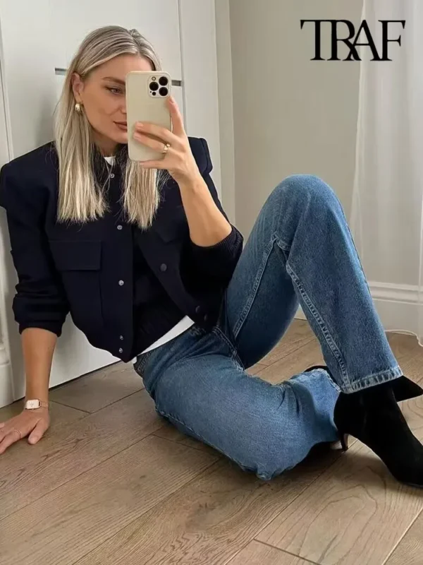 TRAF Women Fashion With Pockets Bomber Jacket Coats Vintage Long Sleeve Front Button Casual Female Outerwear Chic Tops - Image 4