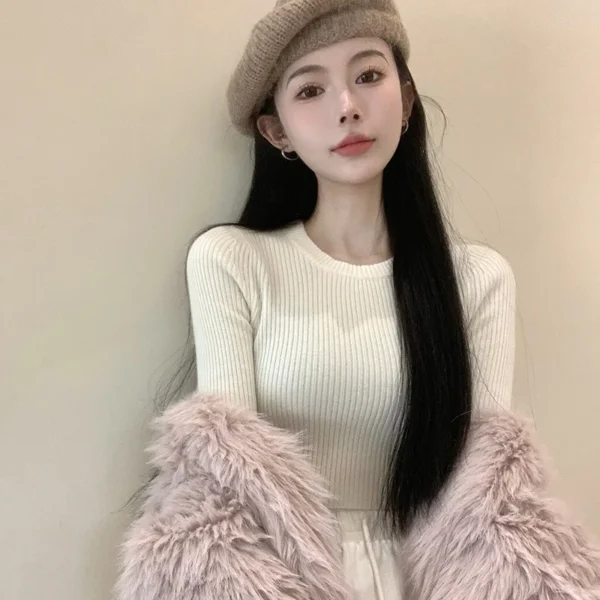 Women's Sweater Base Sweater Versatile Round Neck Knit Sweater Slim Fitting Short Top Sweater - Image 3