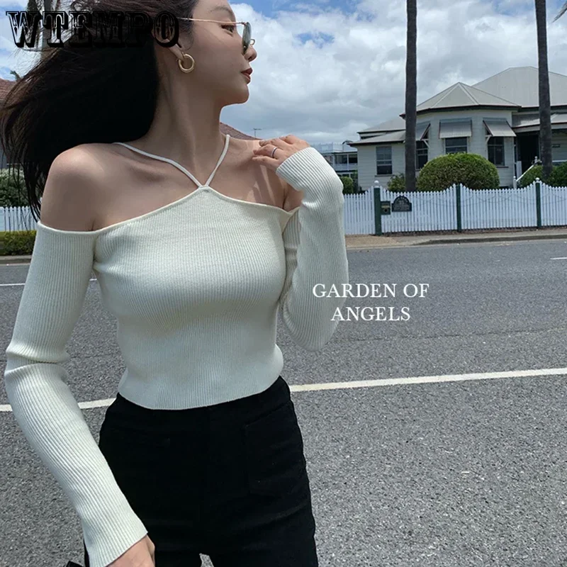 Women Crop Sweater Sexy Off The Shoulder Slim Knitted Sweaters Long Sleeve Pull White Black Top Autumn Vintage Fashion Pullover - Image 4