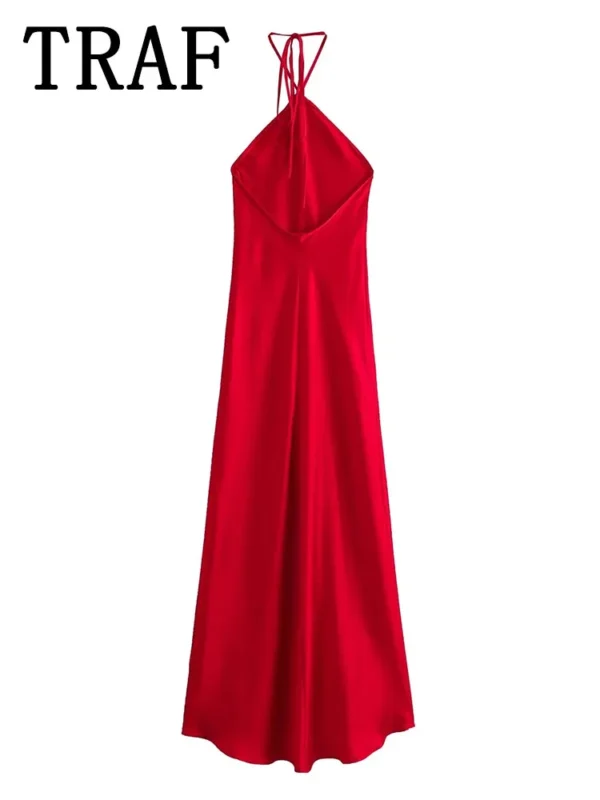 TRAF 2024 Halter Long Dresses for Women Backless Satin Dress Woman Off Shoulder Sexy Midi Dresses Elegant Evening Party Dress - Image 3